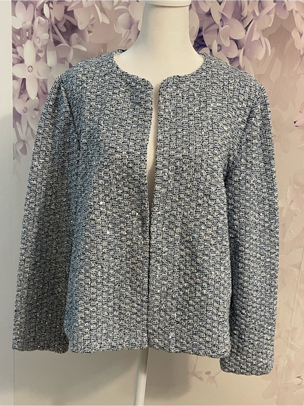 Amina Rubinacci Onda Blue & White Sequin Knit Jacket Italy NWT Size 48 (US XL)